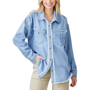 Imagem de Paintcolors Camisa jeans feminina com botões desgastada, de manga comprida, casual, para trabalho, cambraia, Azul_c39, GG
