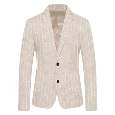 Imagem de Runcati Casaco esportivo masculino casual, listrado, algodão, linho, blazer com dois botões, leve, caimento justo, Bege, Large
