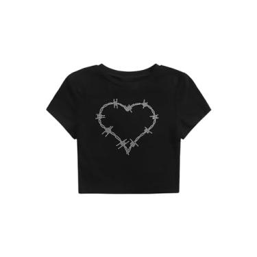 Imagem de OYOANGLE Camiseta feminina com estampa de letras de carro, manga curta, gola redonda, casual, cropped, Padrão preto, P