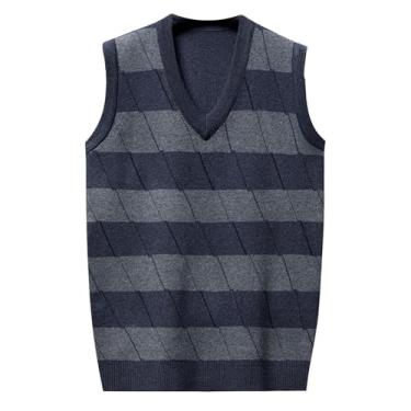 Imagem de Pulôver masculino xadrez de malha coletes de cor sólida suéter colete gola V borda canelada pulôver suéteres, Cinza, G