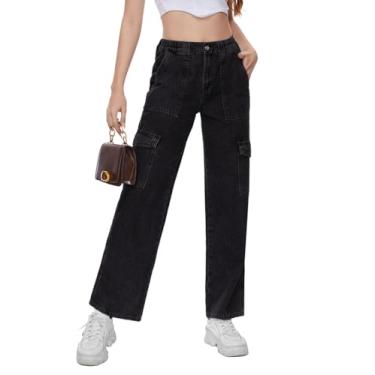 Imagem de Tapata Calça jeans cargo feminina cintura elástica alta calça jeans perna reta calça de trabalho, Preto, GG