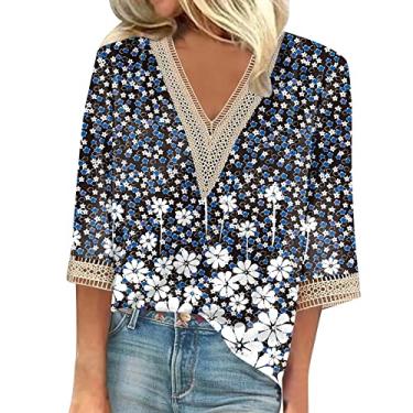 Imagem de Camisetas femininas de verão manga 3/4 com decote em V floral 2024, camisetas femininas casuais com acabamento em renda, blusas femininas elegantes e casuais, Cinza 79, 3G