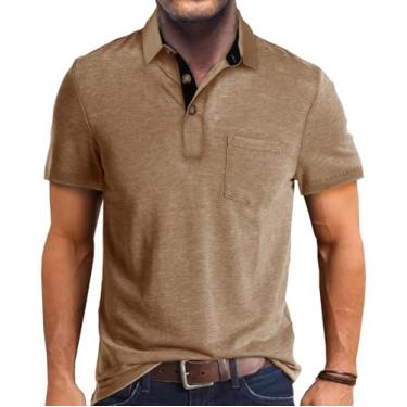 Imagem de INGORINA Camisa polo masculina casual clássica manga curta gola botão algodão golfe camisetas tops tops com bolso, Caqui, 3G
