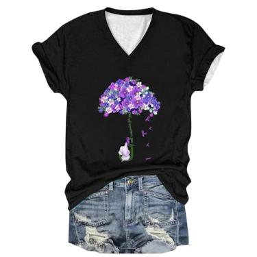 Imagem de Camisetas femininas Alzheimers com estampa de elefante floral roxo manga curta gola V camiseta verão, Preto, XXG