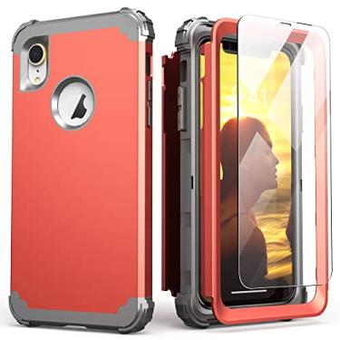 Imagem de IDweel Capa para iPhone XR, capa para iPhone XR com protetor de tela (vidro temperado), 3 em 1 à prova de choque, capa de policarbonato rígido, híbrida, resistente, de silicone macio, capa de corpo inteiro, laranja/cinza escuro