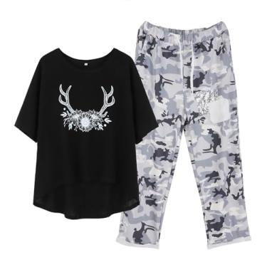 Imagem de Conjunto de 2 peças de linho para mulheres, para sair, férias de verão, girassol, camiseta estampada de manga curta com remendo, calça camuflada, Preto, 5X-Large