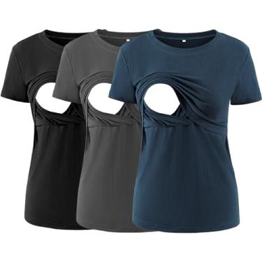 Imagem de Liu & Qu Camisetas femininas de manga curta para amamentação e maternidade, pacote com 3, Preto/Cinza Escuro/Azul Royal, GG