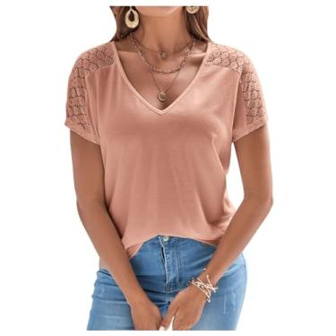 Imagem de RoseSeek Camiseta feminina manga curta de renda contrastante casual gola V camisetas soltas tops de verão, Rosa coral, G