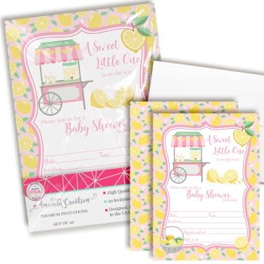 Imagem de Amanda Creation Convites para chá de bebê com tema rosa e limão para meninas, 20 5 x 7 convites de chá de bebê com dois lados preenchendo limão com vinte envelopes brancos cartões de chá de bebê é uma