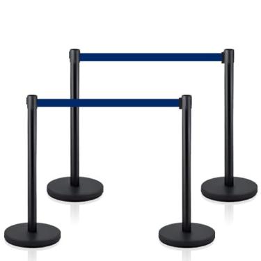 Imagem de MICHELANGELO Kit 4 Pedestais Premium Organizador Separador de Fila Preto com Fita Retrátil Azul 2 Metros Anti-Oxidante