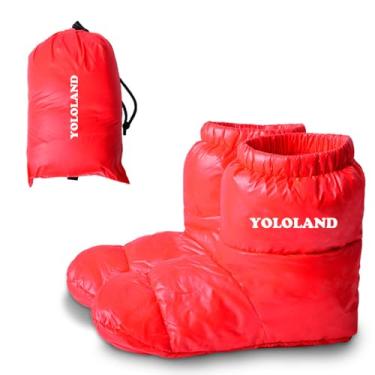 Imagem de YOLOLAND Aquecedores de pés quentes de inverno para dormir, meias de penas de pato, botas impermeáveis, chinelos masculinos, botas de dormir para mulheres, sapatos de caminhada para acampamento ao ar