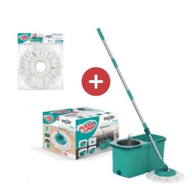 Imagem de Kit 1 Mop Pro Flash Limp Esfregão Spin Balde Inox MOP7824 + 1 Refil Ex