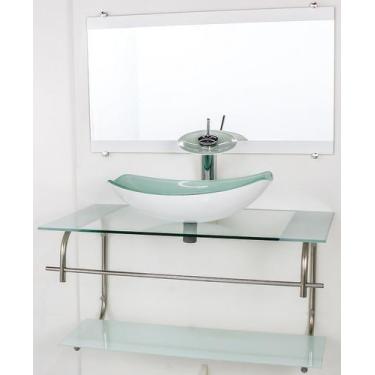 Imagem de Gabinete de vidro para banheiro inox 90cm cuba oval chanfrada branco -