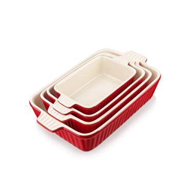 Imagem de Conjunto de 4 assadeiras de porcelana Malacasa para forno, caçarola, assadeira retangular de cerâmica para assar, assadeira de cerâmica para assar bolo, torta, jantar, cozinha, vermelho (24 cm/28,6 cm/32,4 cm/36,8 cm)