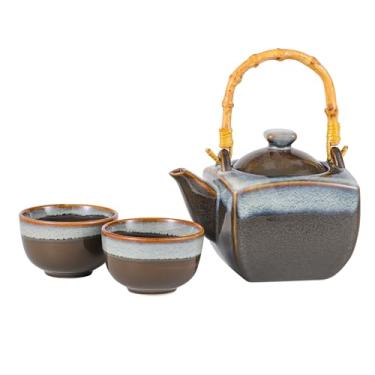Imagem de Conjunto de chá de porcelana de 897 ml com 2 xícaras de chá com coador de infusor e alça superior de bambu, cerimônia de chá esmaltada reativa, estilo japonês (verde-oliva/azul)