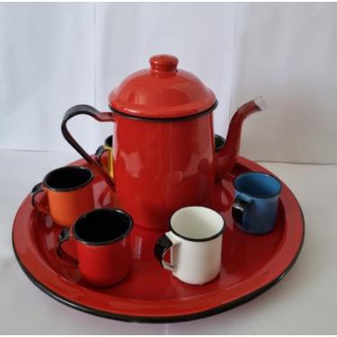 Imagem de Bule Café Esmaltado 1,25 Litros 6 Xícaras 70ml e Bandeja Vermelho - Me