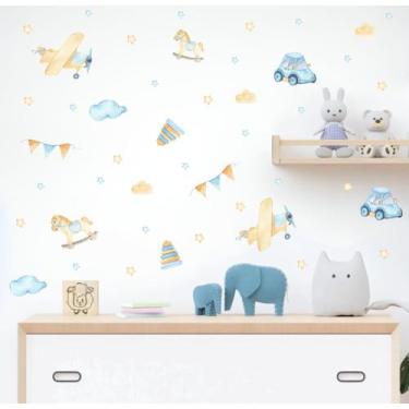 Imagem de Adesivo de Parede Brinquedo Mini Aviões Carrinhos Estrelas - Adesivos 