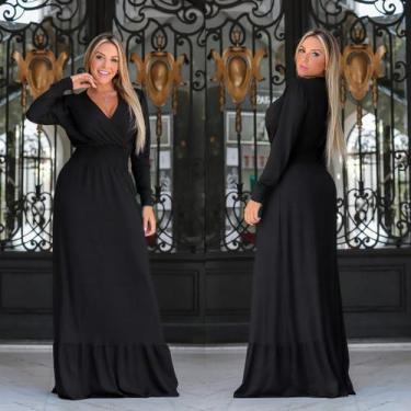 Imagem de Vestido Longo Manga Longa Decote em V Lastex na Cintura - innvistamoda