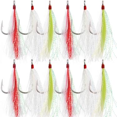 Imagem de Bucktail Teasers anzóis de pesca de água salgada plataforma de linguado Hi Lo Rig anzóis de pesca Bucktail Mylar Flash Teasers Jigs para linguado Striper Robalo bagre bacalhau 12 peças