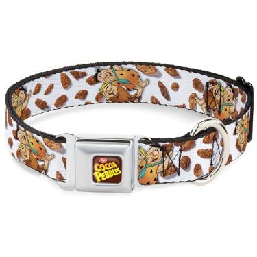 Imagem de Coleira para animais de estimação The Flintstones, fivela de cinto de segurança de metal, cacau Pebbles Fred and Barney Pose e seixos de cereais branco, 33 a 43 cm de largura