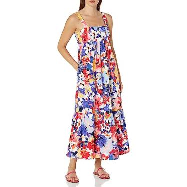 Imagem de London Times Vestido longo feminino de algodão franzido nas costas Babydoll em camadas, Branco macio/coral, 58