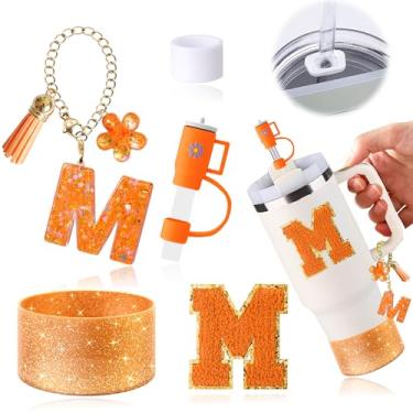 Imagem de AiScrofa Conjunto de 6 peças de acessórios de copo laranja para copo Stanley Cup de 850 g 1,134 g com alça, incluindo tampa de cobertura de palha e bota, tampa à prova de derramamento, pingente de