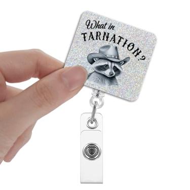 Imagem de Xipromi Carretel de crachá de guaxinim retrátil, suporte engraçado de crachá de identificação de chapéu de cowboy com clipe de jacaré giratório 360 para enfermeira médica, presentes de guaxinim