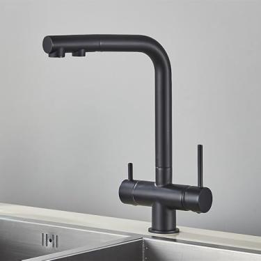 Imagem de Torneira de cozinha retrátil de latão cromado com filtro e alça dupla para água potável quente e fria, torneiras misturadoras de purificação com filtro de 3 vias, preto fosco
