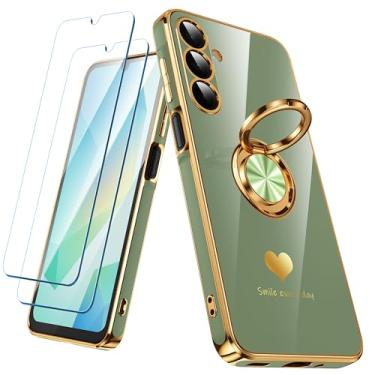Imagem de Nonional Capa para Samsung Galaxy A16 5G com 2 protetores de tela, suporte de anel giratório de 360° [padrão de corações de luxo] Capa para celular fina e macia com borda dourada banhada a ouro para