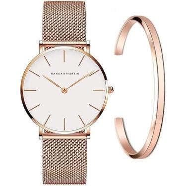 Imagem de HANNAH MARTIN Relógio feminino analógico de quartzo, pulseira de malha de aço inoxidável ouro rosa, relógio de pulso impermeável feminino com pulseira inspiradora, XCB36-WFF0, pulseira