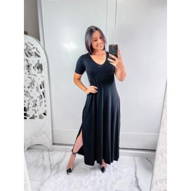 Imagem de vestido gola V com bolço e fenda lateral - MK MODAS, Preto, P
