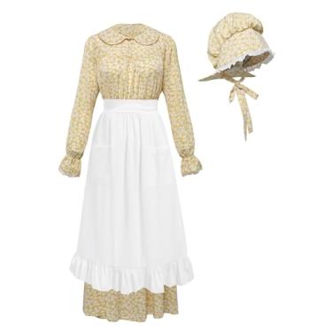 Imagem de FORTMAC Vestido feminino Pioneer - vestido de pradaria feminino 1800 vestido colonial Amish avental com capuz feminino, Avental amarelo, P
