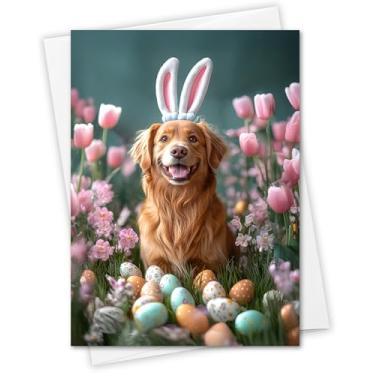Imagem de CATNEVERLAND Cartão de felicitações de Páscoa Golden Retriever – Cachorro com orelhas de coelho cercado por ovos de Páscoa e flores da primavera cartão premium de 12,7 x 17,8 cm com envelope branco em