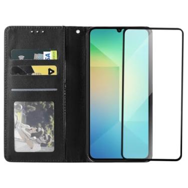 Imagem de Capa Carteira Flip de Couro com Porta Cartão Compatível Samsung Galaxy A06 Preta + Película de Vidro Temperado 3D