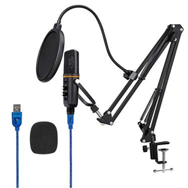 Imagem de Microfone condensador profissional de estúdio PC com suporte de braço de suspensão USB Plug and Play Volume/Mudo ajustável para computador, laptop, transmissão, gravação, jogos, canto YouTube Skype
