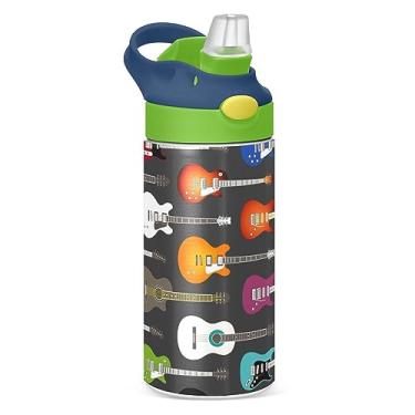 Imagem de Garrafa de água pequena para crianças, 340 g, guitarras coloridas, garrafas isoladas com tampa de palha, copo a vácuo de aço inoxidável, garrafas térmicas