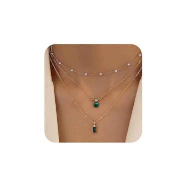 Imagem de Aneneiceera Colar Boho em camadas de pérola esmeralda colar com pingente de esmeralda de ouro minúsculo colar de estação de pérolas colar de pedra preciosa verde joia para mulheres