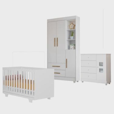 Imagem de Quarto de Bebê com Berço Mini Cama, Cômoda 1 Porta 4 Gavetas e Roupeiro Flocos 3 Portas 2