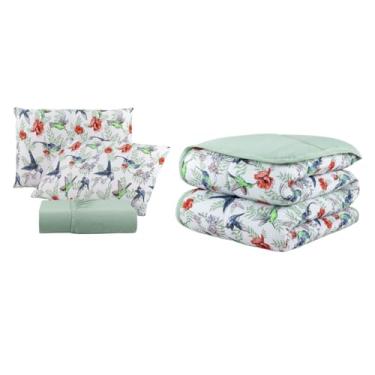 Imagem de Kit Edredom de Malha 100% Algodão Dupla Face com Viés com Jogo de Lençol e Fronha com Zíper Estampados (Solteiro, Beija Flor)