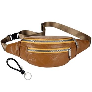 Imagem de Pochete vintage de couro legítimo, bolsos com zíper, alça de chaveiro, alça ajustável, mochila transversal de couro bovino, Caqui, Pochete