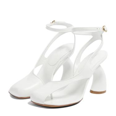 Imagem de Vertundy Sandálias femininas de salto alto de couro para noivas bico quadrado ajustável tira no tornozelo fivela vestido sandálias modernas, Branco, 41