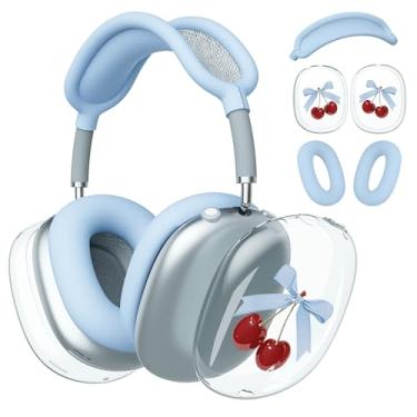 Imagem de BlHMCASE Capa de fone de ouvido para AirPods Max, capa de fone de ouvido transparente com laço de cereja, capa de silicone azul para fones de ouvido para Apple AirPods Max