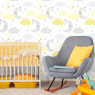 Imagem de Papel de Parede Baby Nuvens e Lua Cinza e Amarelo 270 - Inove Papéis d