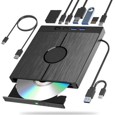 Imagem de Yaeonku Unidade Bluray externa 7 em 1, gravador de DVD Blu-ray 3D tipo C USB 3.0 tipo C, gravador de DVD óptico externo fino com slot para cartão SD/TF, 2 portas USB 3.0, 2 portas tipo C para laptop,