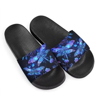 Imagem de Howilath Pantufas deslizantes de verão com estampa de borboleta azul para homens, mulheres e crianças, girassol, colorido, tie-dye animais, chinelos de casa, antiderrapante, leve, Libélula roxa floral