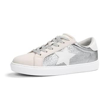 Imagem de PARTY Tênis feminino moderno Star com cadarço, cano baixo, confortável, acolchoado, Prata Met, 10
