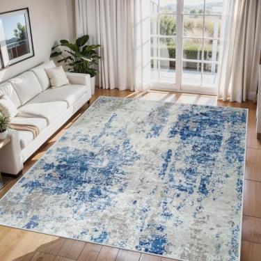 Imagem de Tapetes de área de 15 x 23 cm para sala de estar Lavável: Tapete abstrato para sala de jantar e quarto antiderrapante 15 x 22 Interior moderno berçário casa escritório azul cinza branco