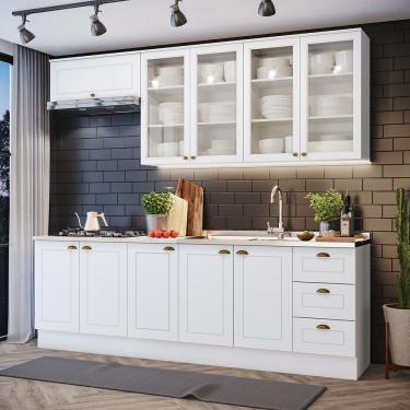 Imagem de Cozinha Compacta 06 Peças Amy 10 Portas 3 Gavetas MDF 240cm Branco com Tampo Texturizado