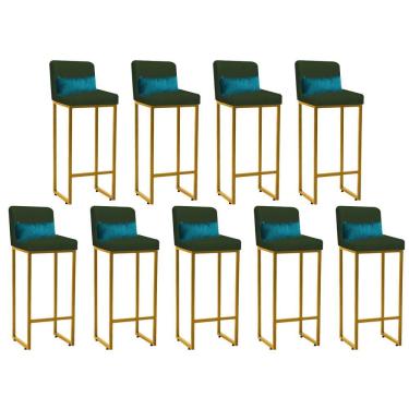 Imagem de Kit 09 Banqueta Alta Ferro Dourado Suede Verde E Almofada Azul Turquesa - Amey Decor