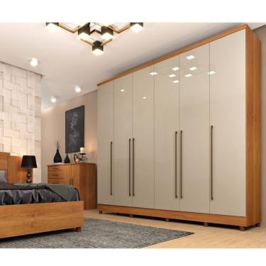 Imagem de Quarto De Casal Roupeiro 6 Portas Portugal Com Pés, Cama Casal Queen, Cabeceira E Cômoda 5 Gavetas Cinamomo/Off White